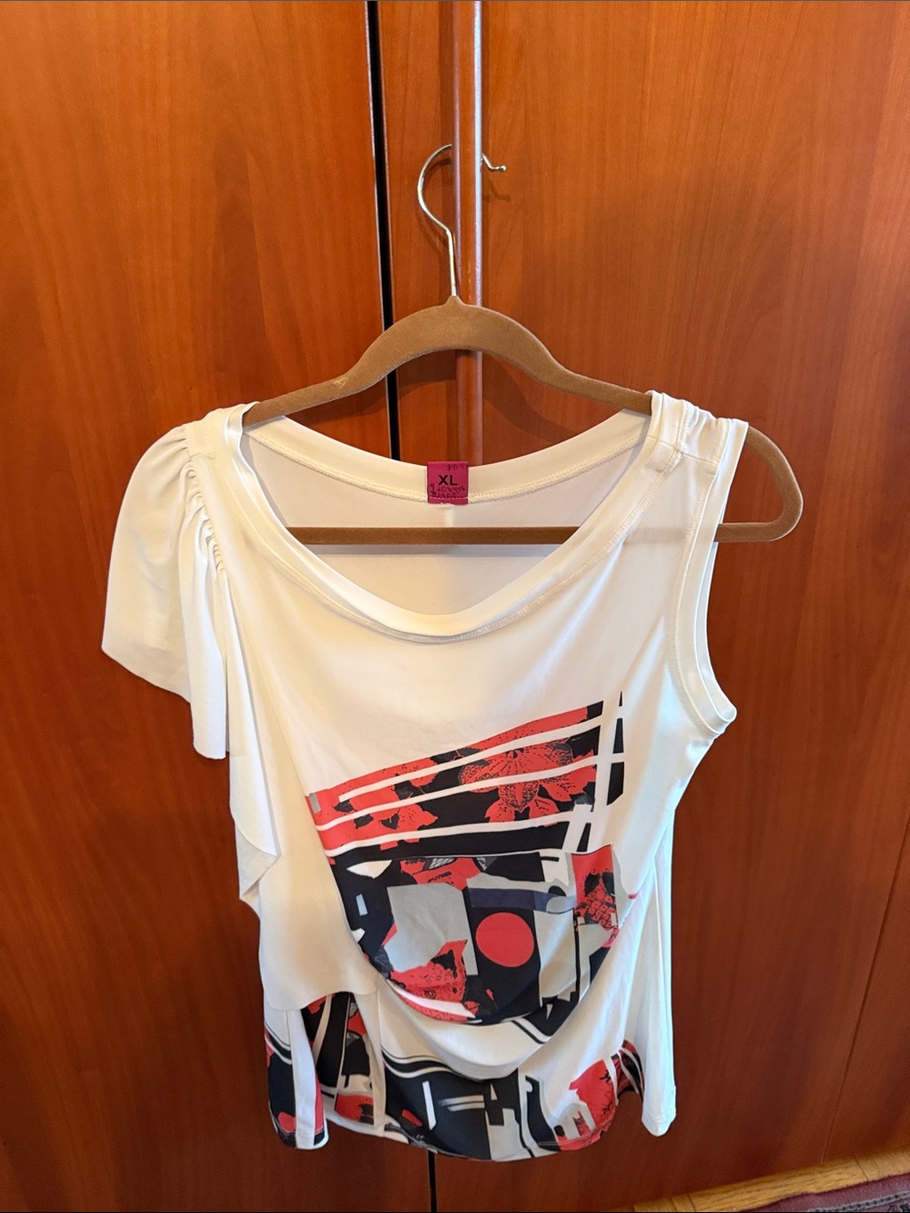 Save The Queen White Tank Top with Red and Black Abstract Graphic
